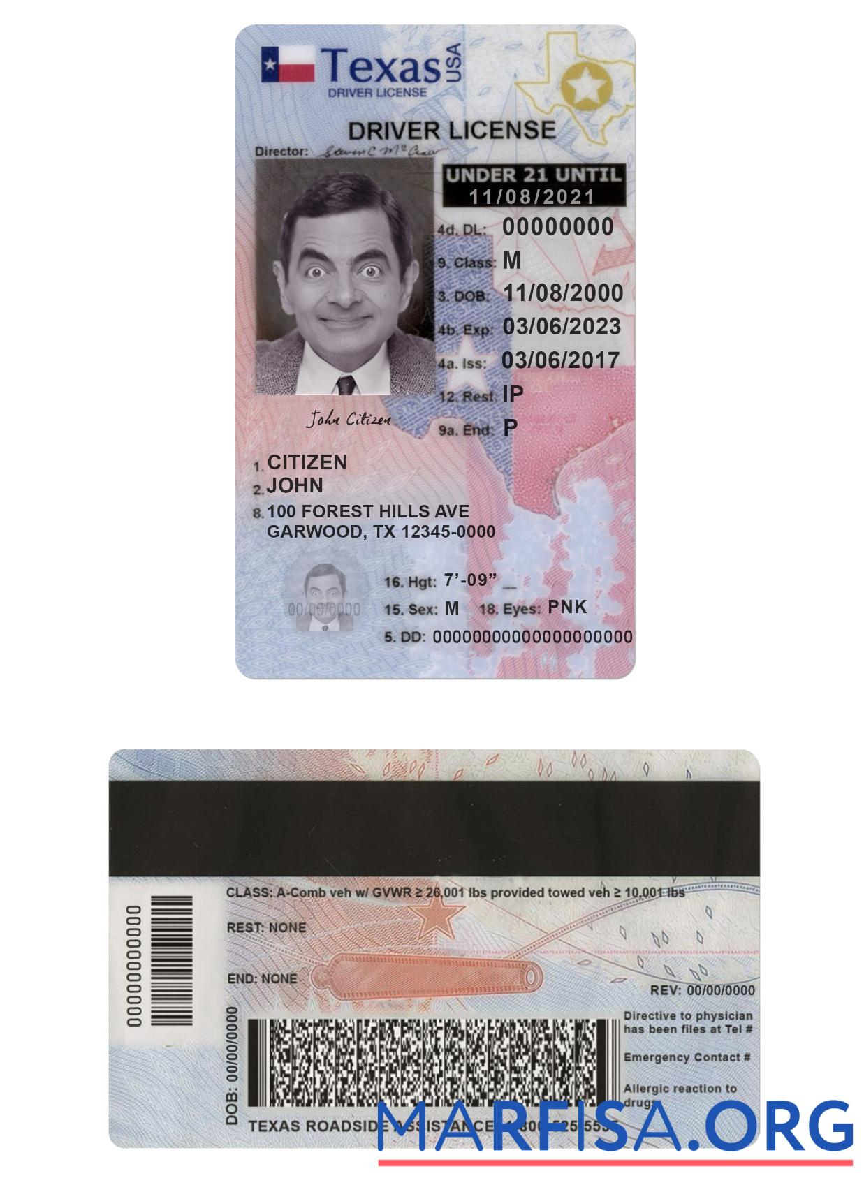 Blank USA Texas driving license under 21 example